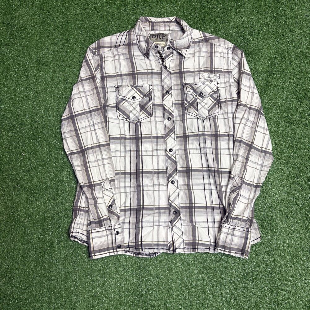 BKE Men’s Small Plaid Button‑Down Shirt White Black Western Snap Casual